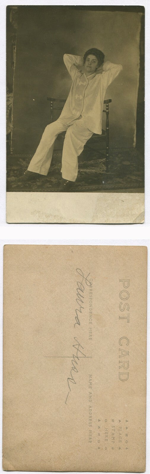 WOMAN, RELAXED POSE, WEARING SILK PAJAMAS. PHOTO POSTCARD.