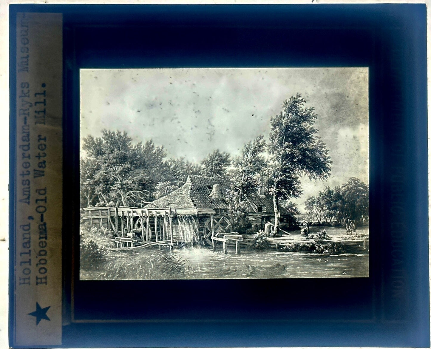 VINTAGE LANTERN SLIDE RYKS MUSEUM HOBBENS, "OLD WATERMILL" 3.25X4IN