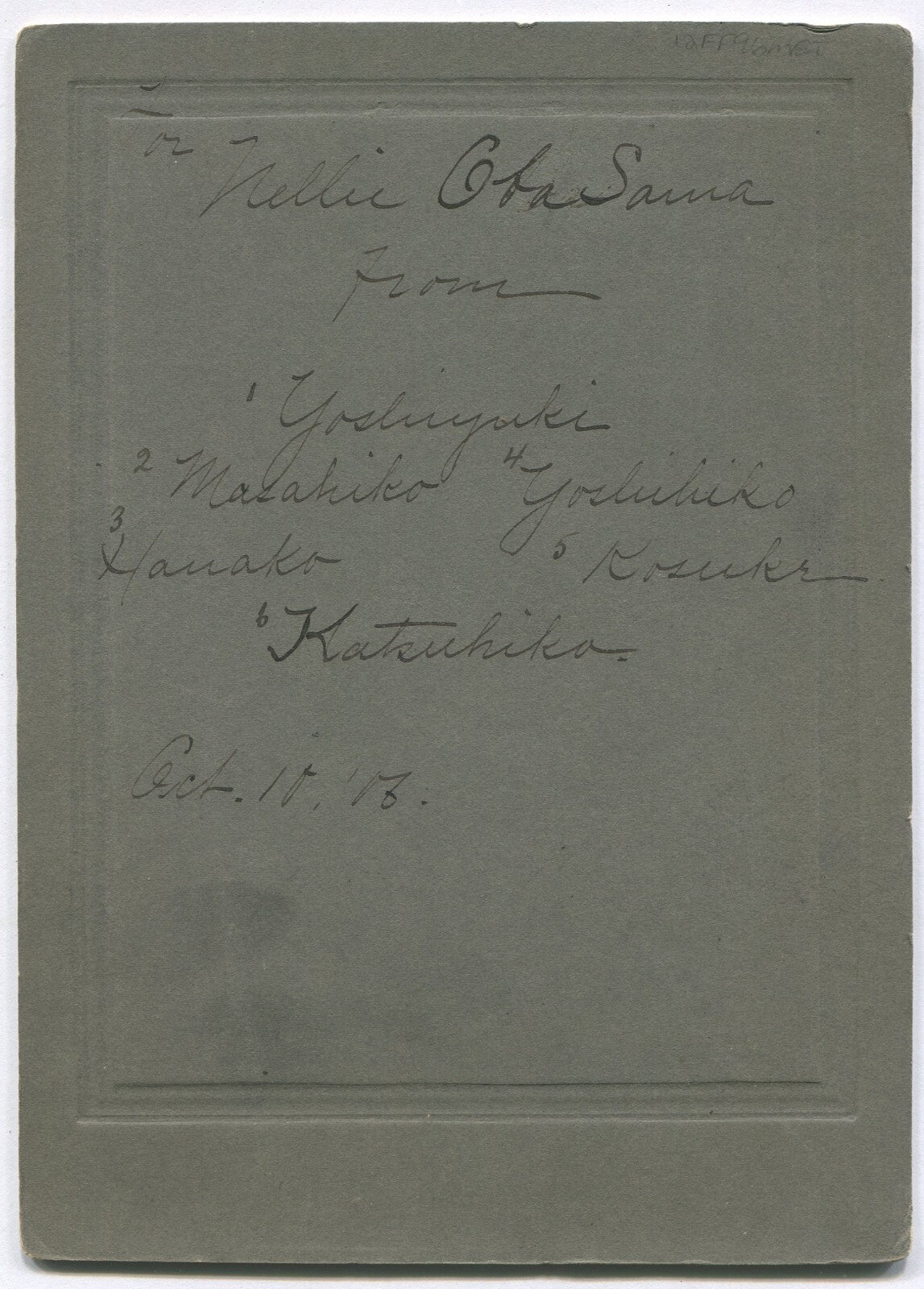 JAPANESE CHILDREN FAMILY PORTRAIT. ID ON CARD BACK. CABINET CARD 1900-20s.