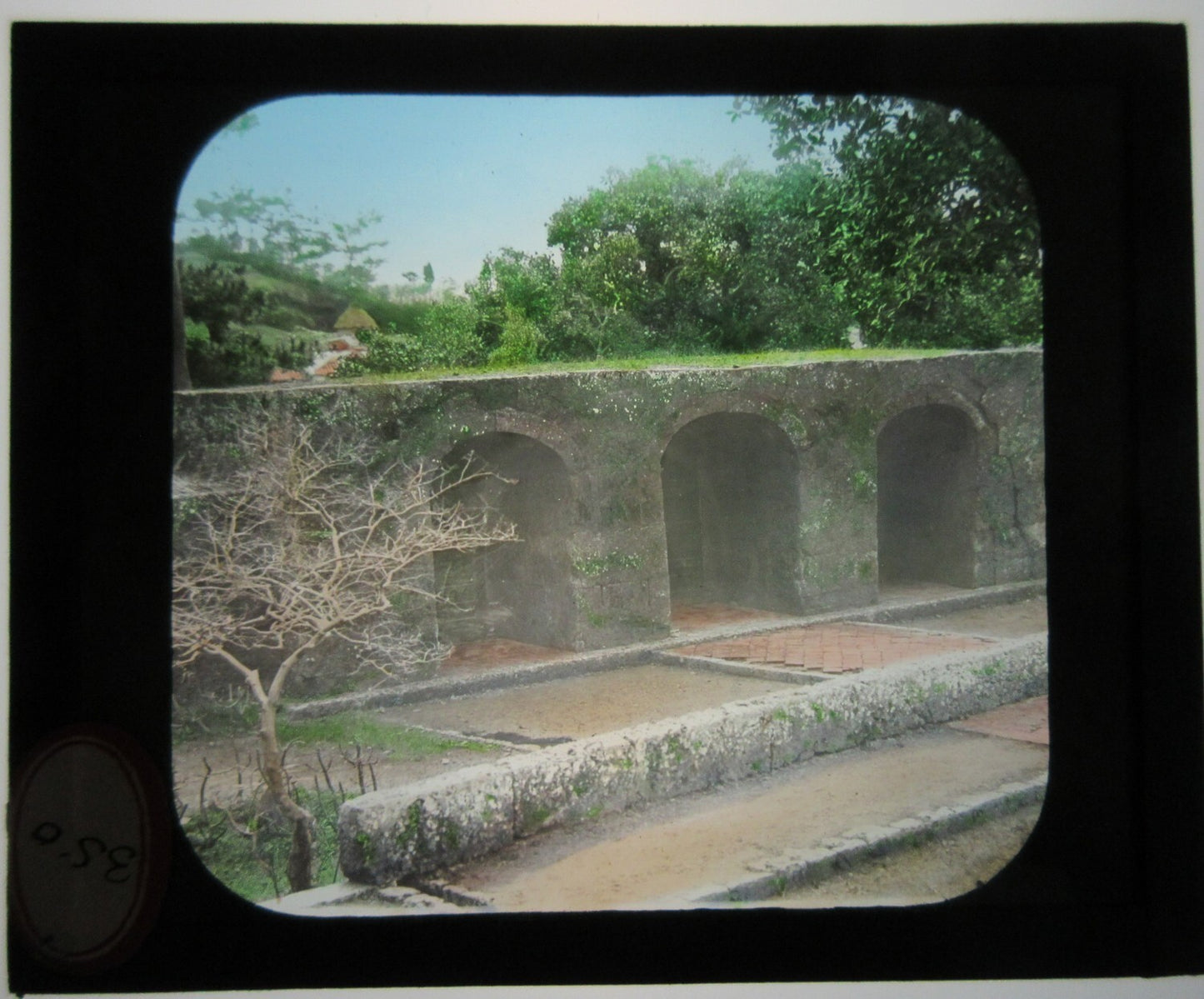 Vintage Garden/Ruins Tinted Magic Lantern Slide on Glass - Original Photo, 3.25 x 3.5 in