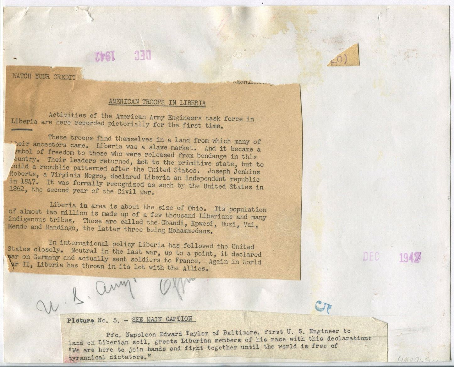 AFRICAN AMERICAN U.S. ARMY ENGINEER IN LIBERIA. 8X10 B&W. 1942.