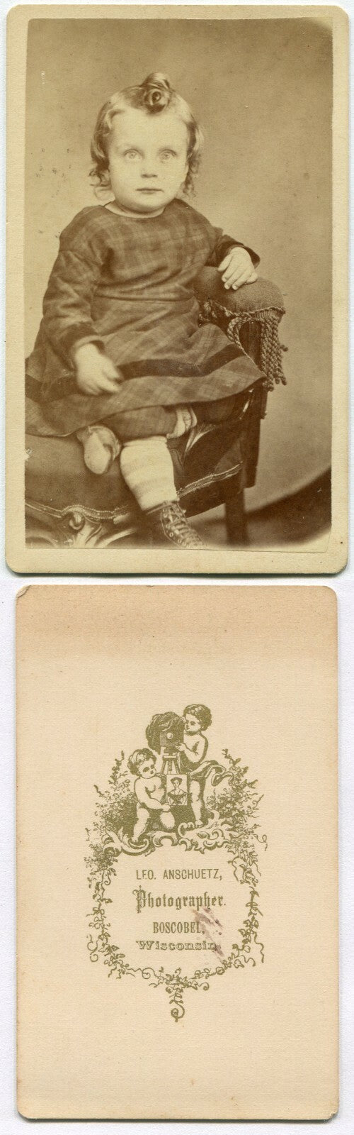 BRIGHT EYED TODDLER WITH KEWPIE DOLL CURL. CDV, BOSCOBEL, WISCONSIN.