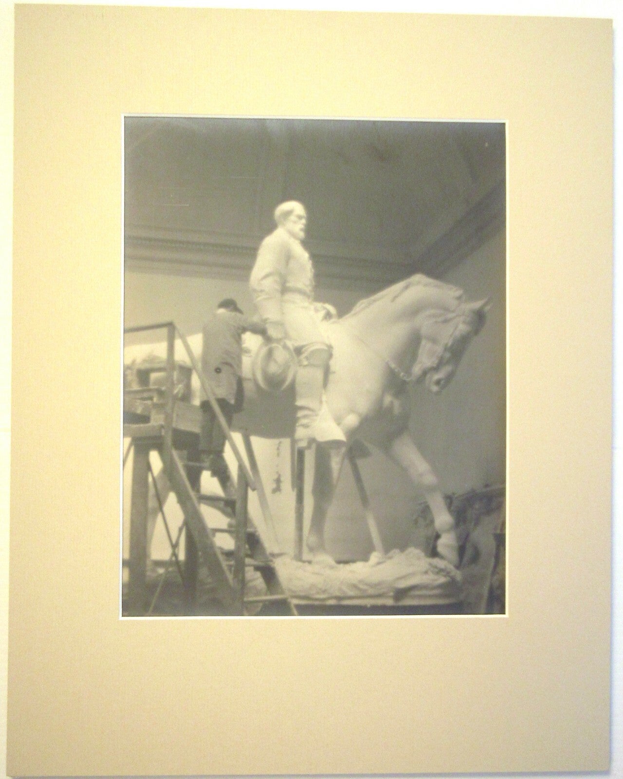 BUILDING GEN. LEE STATUE. PICTORIALIST 8X10 SILVER PRINT IN 11X14 ARCHIVAL MAT.