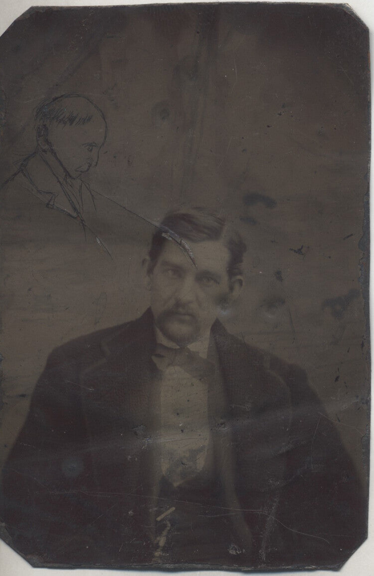 UNUSUAL PORTRAIT OF MAN W/ STRANGE SPIRIT SKETCH ABOVE HIM