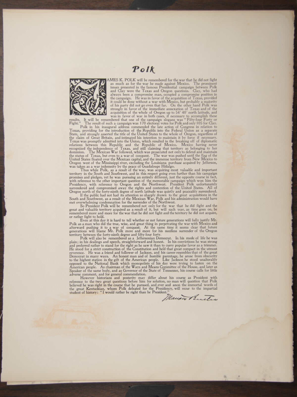 WHITE HOUSE GALLERY VINTAGE PHOTOGRAVURE OF PRESIDENT JAMES K. POLK