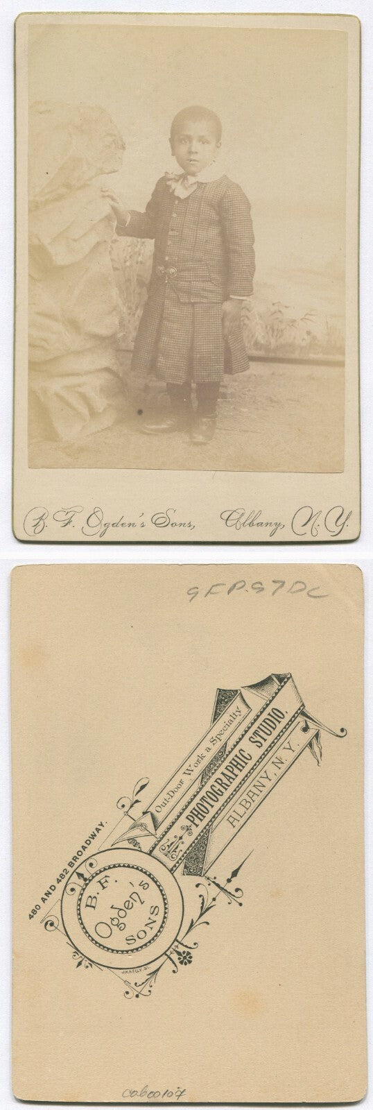AFRICAN AMERICAN CHILD IN CHECKED OUTFIT W/BOW TIE. CABINET CARD. ALBANY, N.Y.