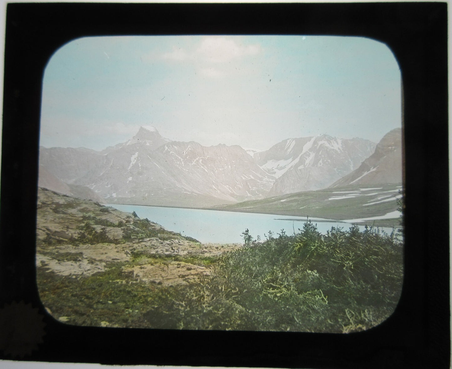 Vintage Mountain Lake Hand-Colored Lantern Slide on Glass | Magic Lantern Photo, 3.25x3.5 in