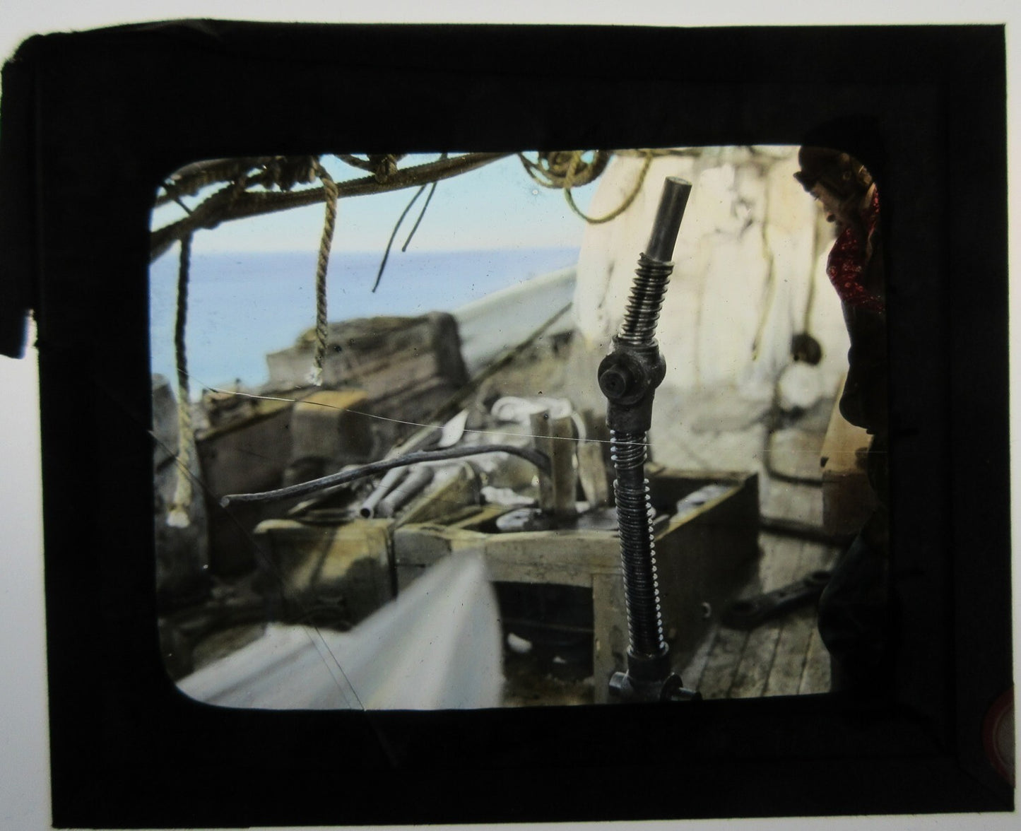 Vintage Magic Lantern Slide - Tinted, Original Photo on Glass, Tools at Work Station on Boat 3.25x3.5 in