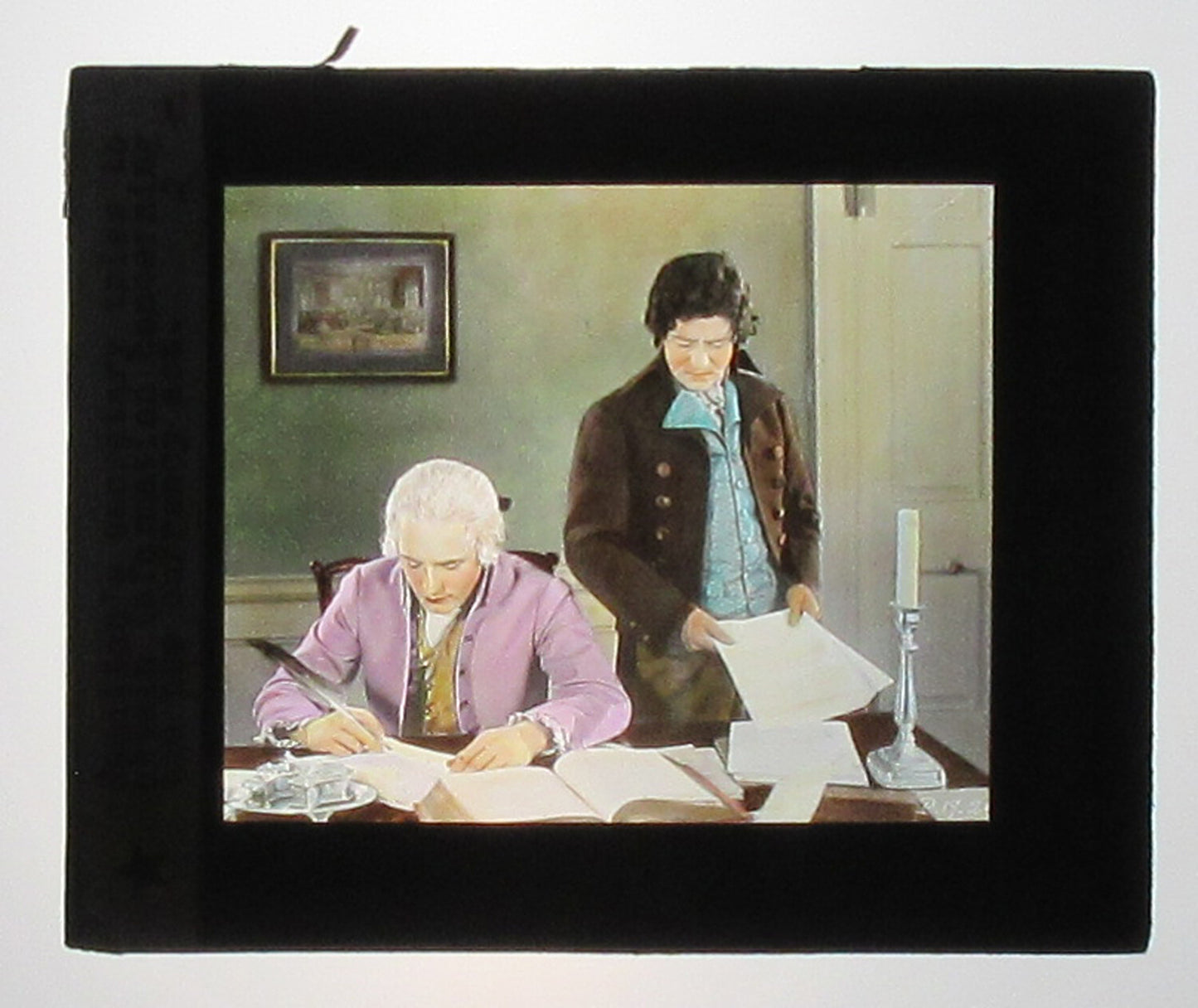 ACTOR PORTRAYS ALEXANDER HAMILTON. HAND COLORED PHOTO ON GLASS.