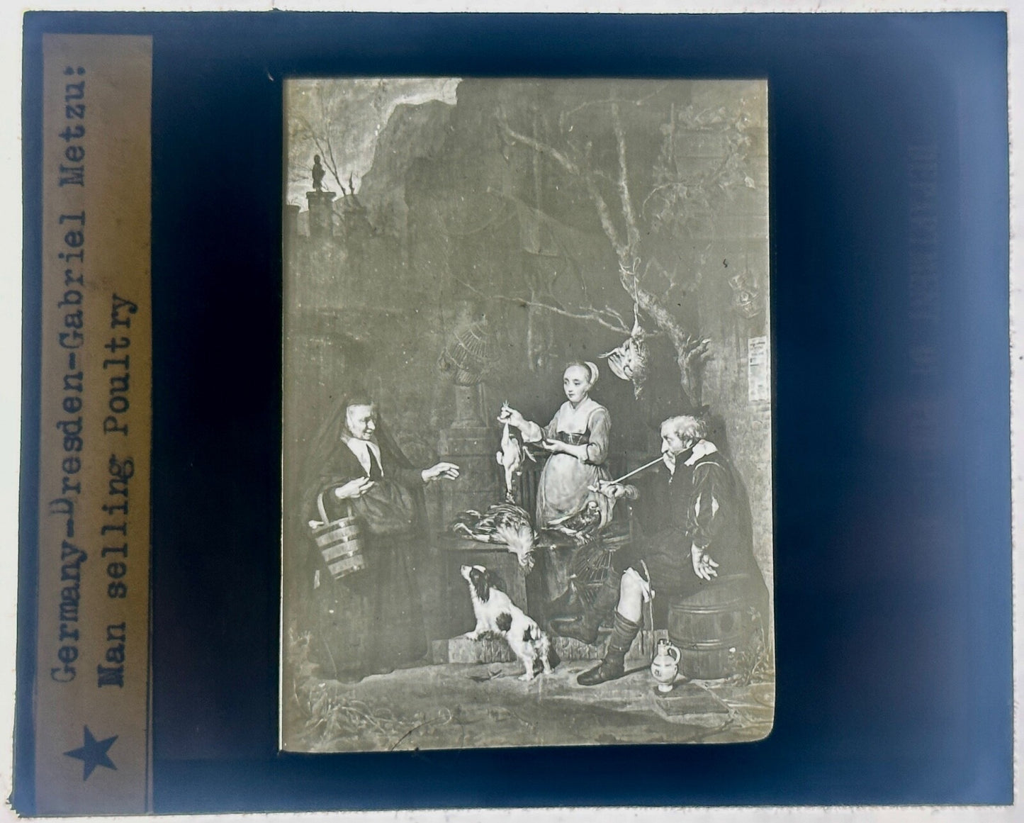 VINTAGE LANTERN SLIDE GERMANY DRESDEN GABRIEL METZU"MAN SELLING POULTRY 3.25X4IN