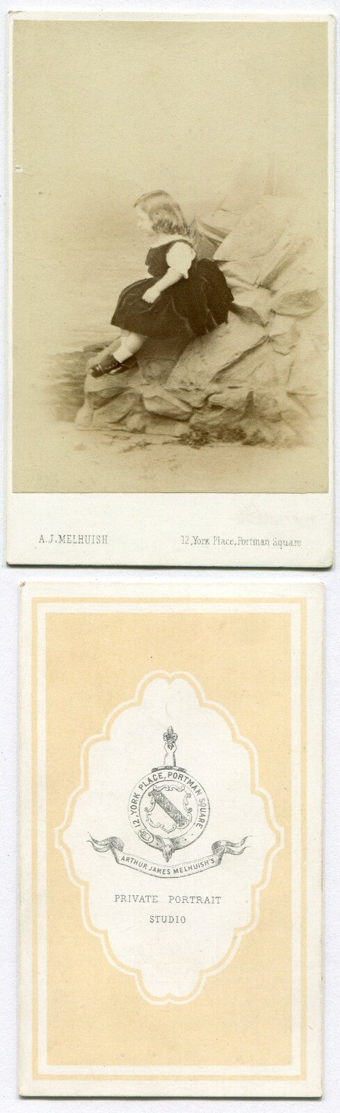 YOUNG GIRL POSED IN STUDIO SETTING/SITTING ON ROCKY BEACH. VERY UNIQUE. CDV.