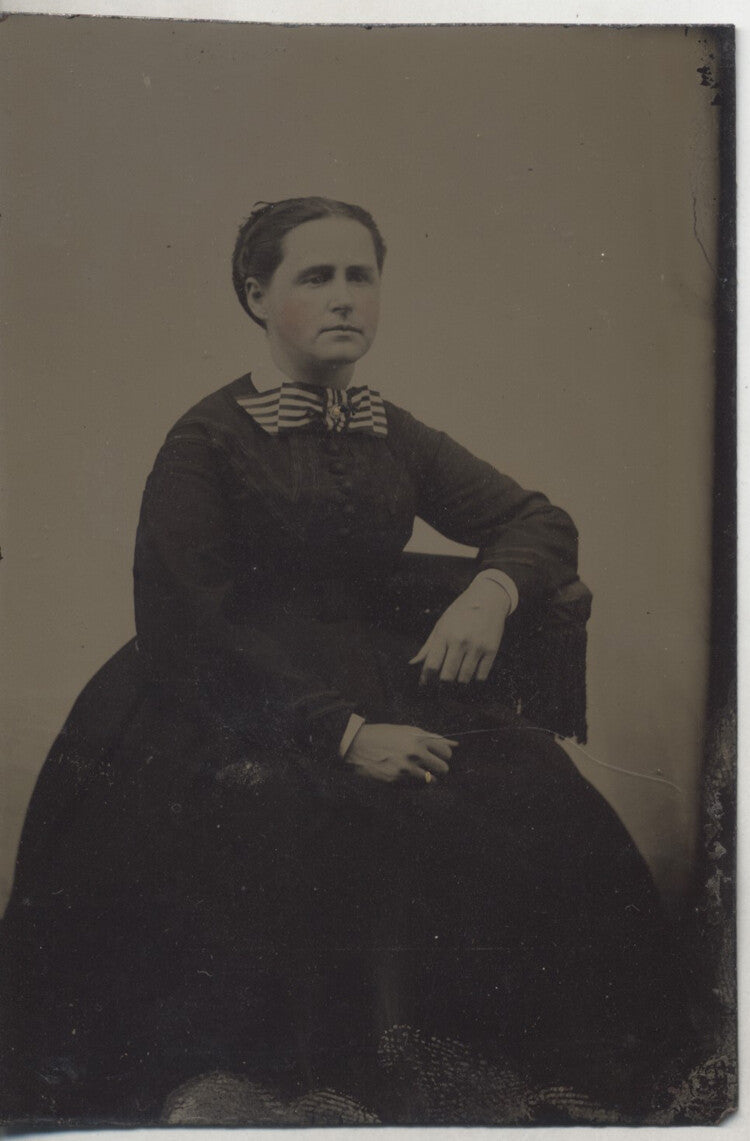 TINTYPE PORTRAIT OF WOMAN IN DRESS W/ LARGE STRIPED RIBBON