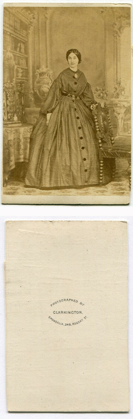 WOMAN POSED W/VERY ORNATE PAINTED BACKGROUND. CDV. ENGLAND.