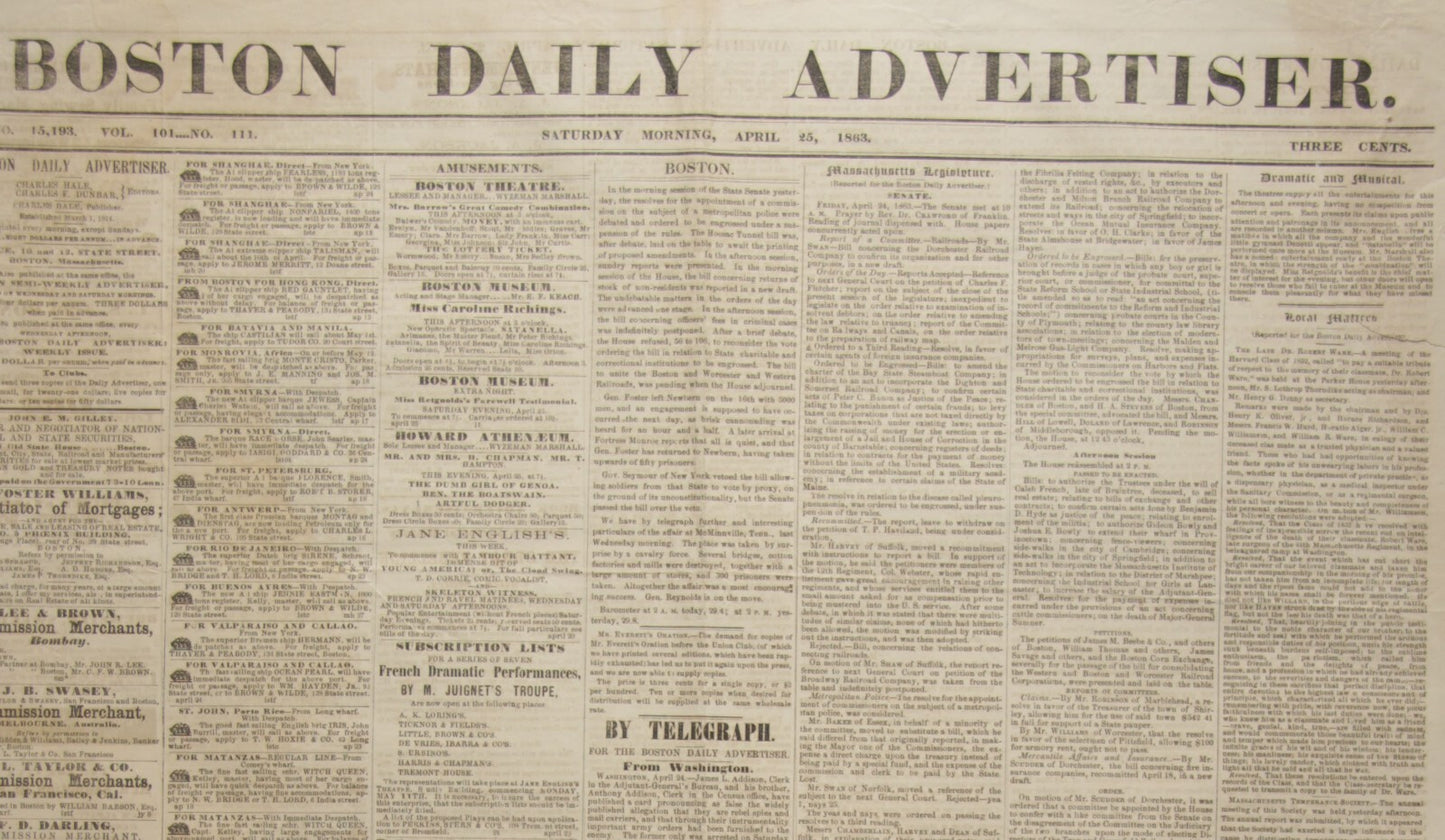 VINTAGE NEWSPAPER: BOSTON DAILY ADVERTISER APRIL 25TH 1863