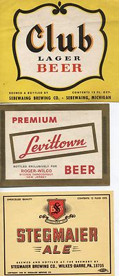 AMERICAN VINTAGE BEER LABELS. SET OF 3. CLUB, LEVITTOWN, AND STEGMAIER