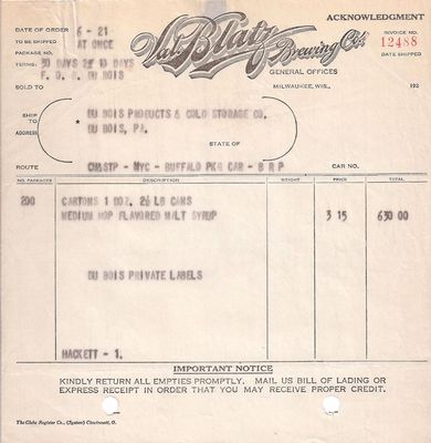 VAL BLATZ BREWING CO. MILWAUKEE WIS INVOICE