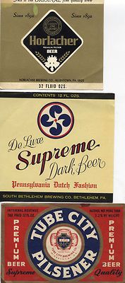 AMERICAN VINTAGE BEER LABELS. SET OF 3. HORLACHER, DE LUXE SUPREME, TUBE CITY