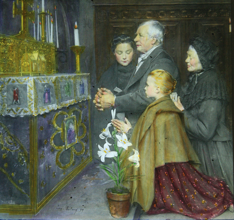 Photo on Glass Family Praying With Easter Lilies