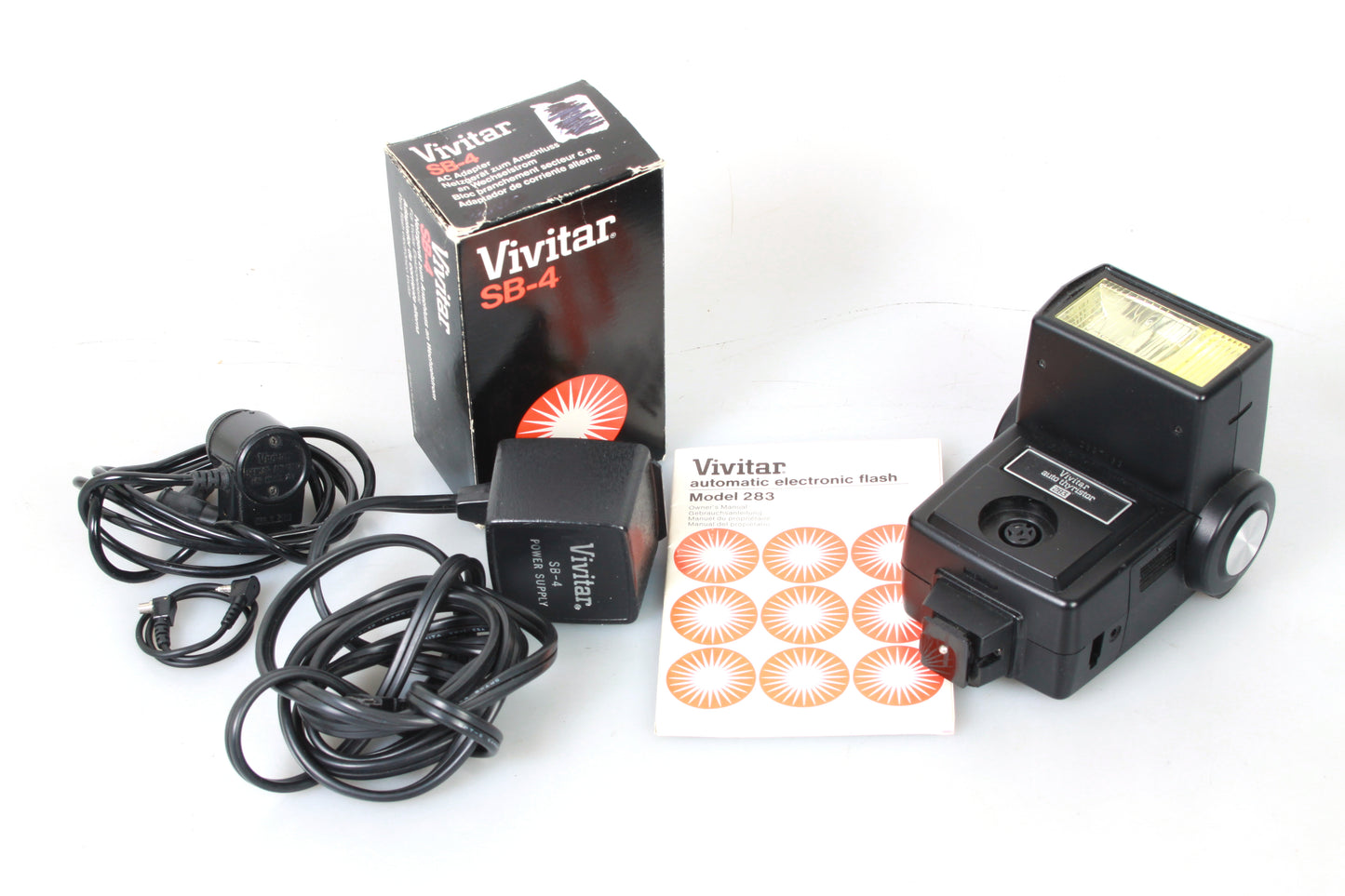 Shoe Mount Flash Vivitar 283 Auto Thyristor w AC Adapter/Sensor/Manual/PC Cord