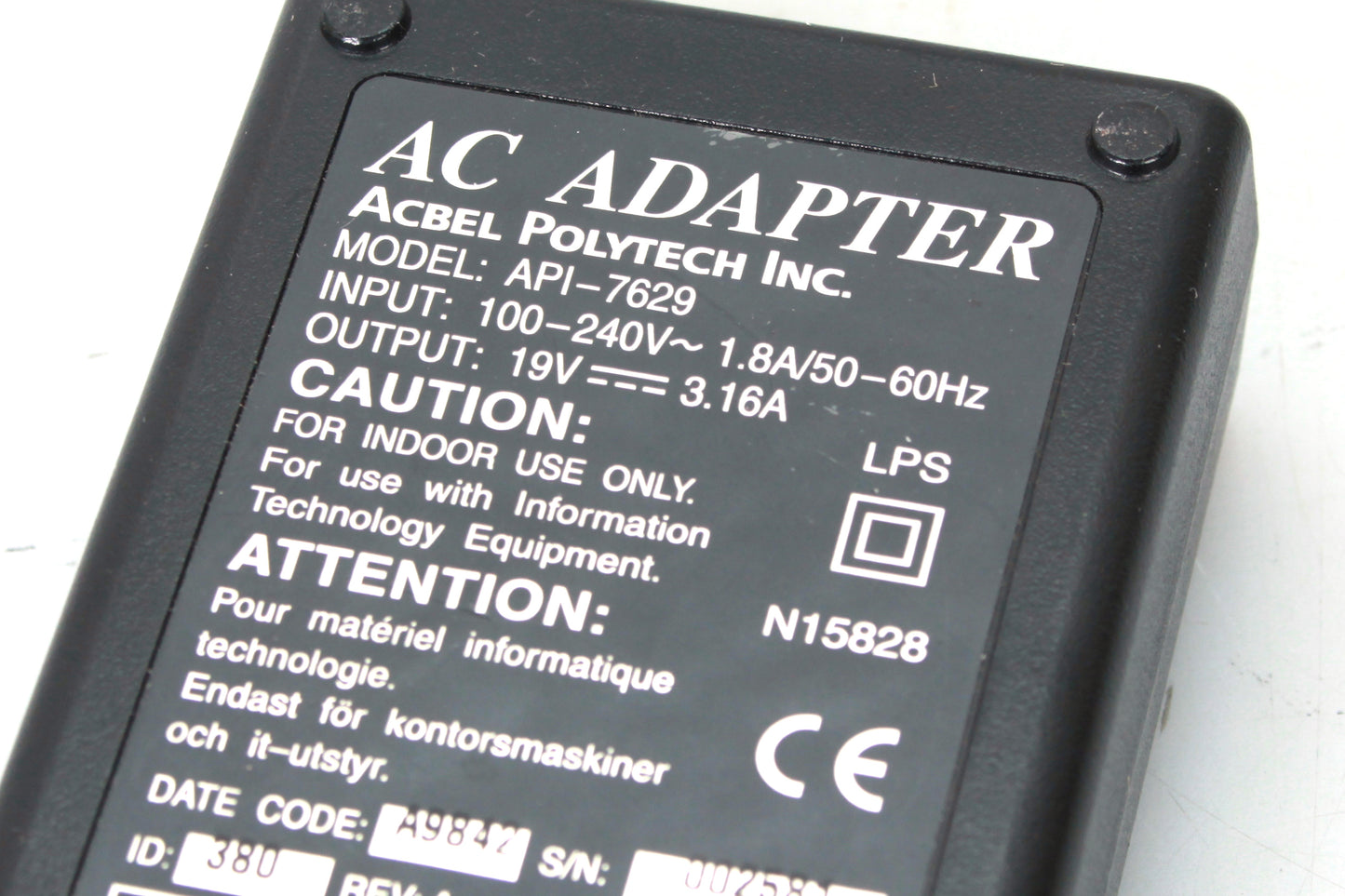 Acbel Polytech API-7629 AC DC Power Supply Adapter Charger Output 19V 3.16A
