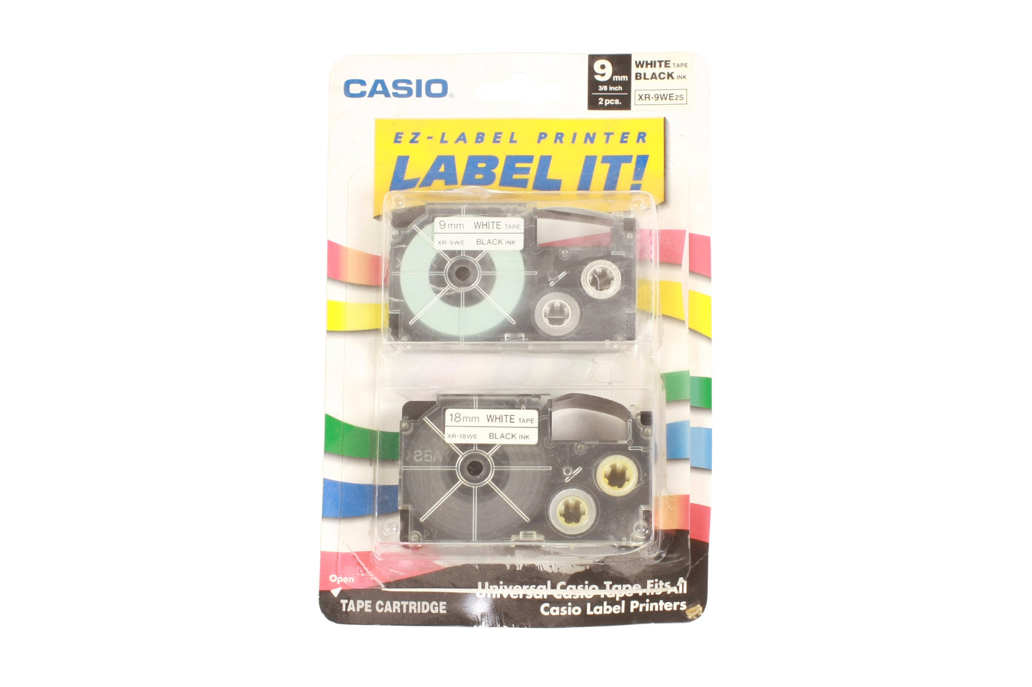 Casio XR-9WE 9mm & XR-18WE 18mm Labeling Tape (Black on White)