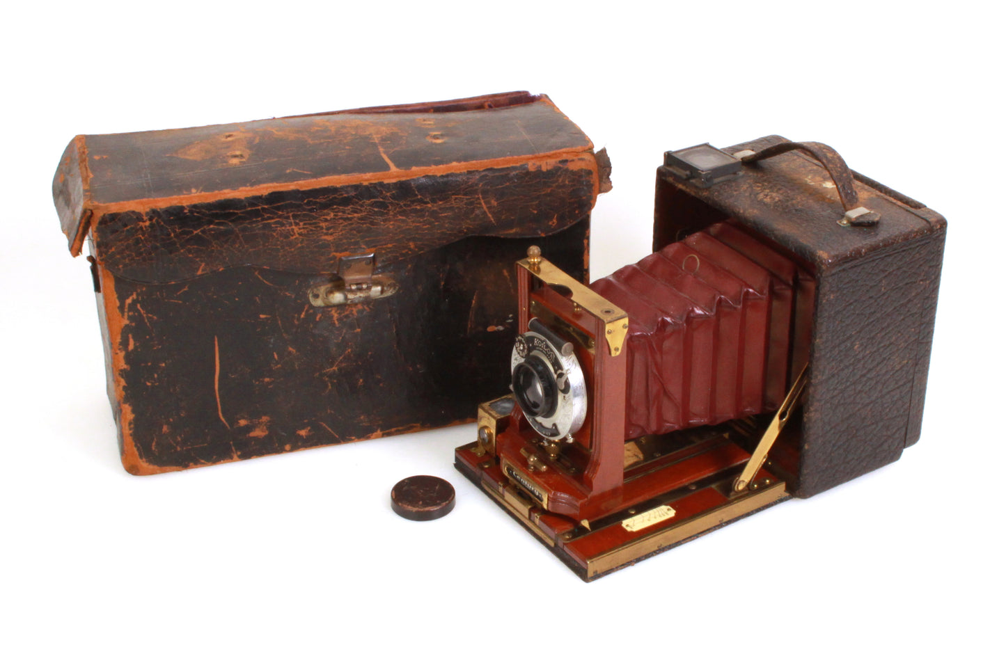 Rare Antique 1900 4x5 Century Wood Brass Folding Plate Camera W 6.8 Lens