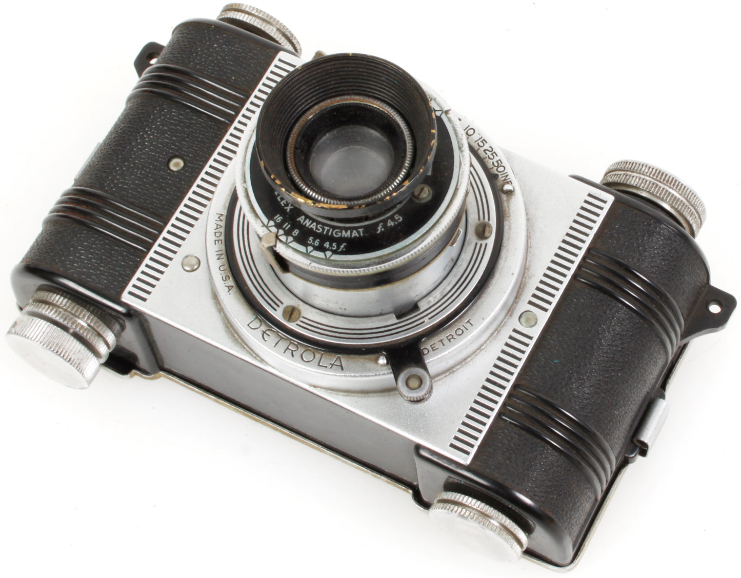 Vintage Art Deco Detrola Film Camera w/ Orig Lens Hood & Leather Case Tested