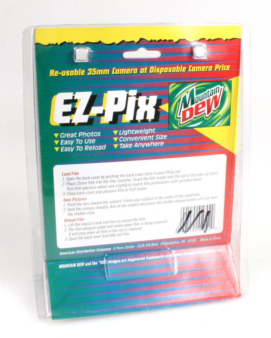 35MM EZ-PICS FILM CAMERA, MOUNTAIN DEW EDITION IN ORIG PACKAGING