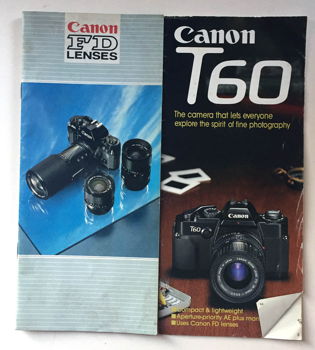 CANON T60 AND LENS LITERATURE, SET OF 2