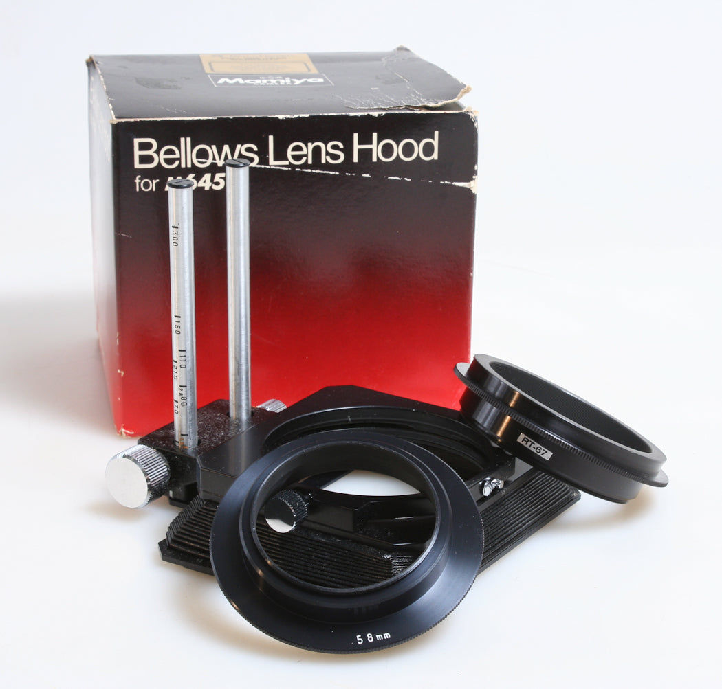 SUPERB MAMIYA M645 BELLOWS LENS HOOD MINT & BOXED W/ MASK, RINGS AND MANUAL
