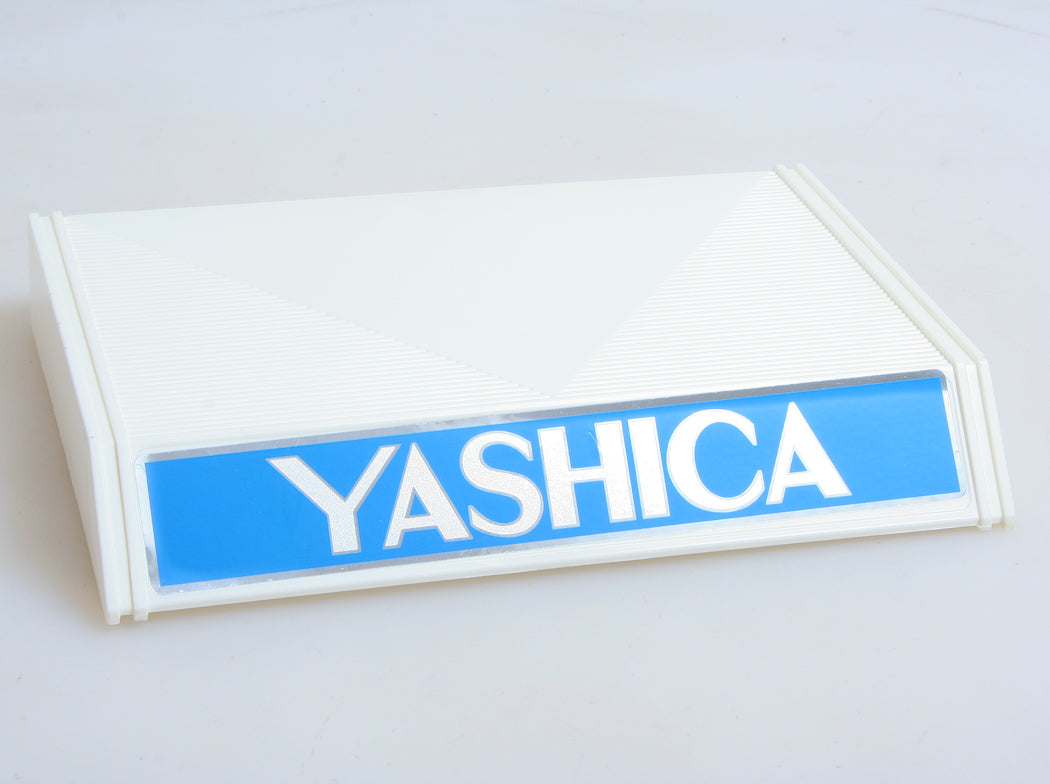 YASHICA SALE DISPLAY STAND, VINTAGE, WHITE BLUE AND SILVER