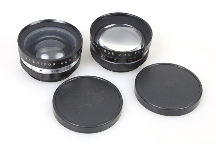 VINTAGE YASHICA YASHIKOR AUX TELEPHOTO & WIDE ANGLE LENS W CAPS SET 2