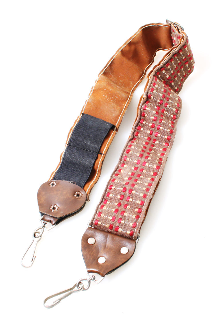 Retro 1960s Embroidered Camera Strap w/Leather Lining, Tan w/Red & White Accents