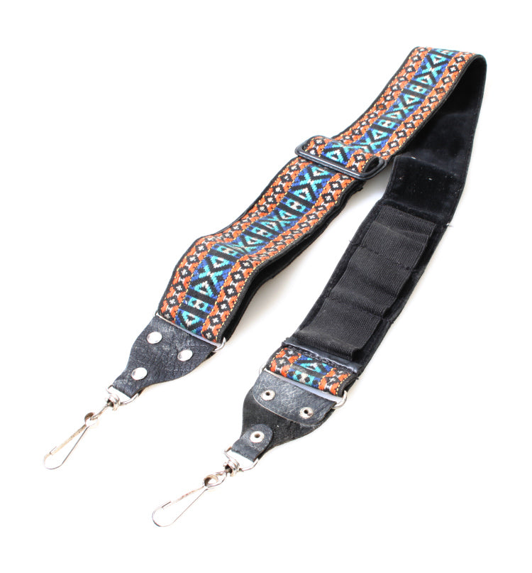Retro 1960s Embroidered Camera Strap w/Leather Lining, Blue & Orange Geometric