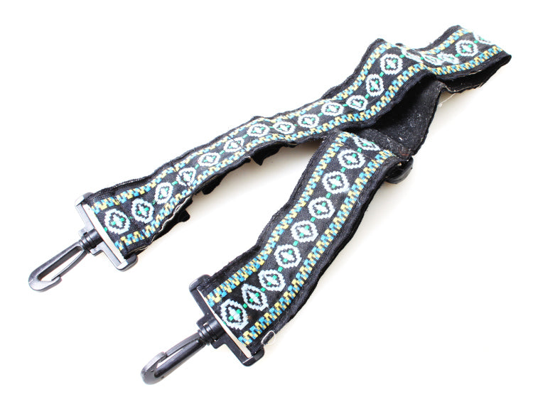 Retro Wide Black Embroidered Camera Strap, Green/Yellow/Blue Geometric Pattern