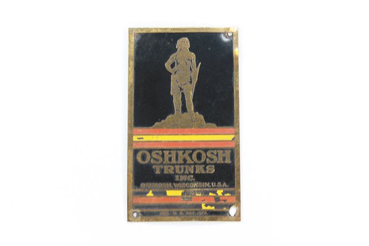 Antique Oshkosh Trunk Co. Wardrobe Trade Mark Metal Id Tag Indian Detail Emblem