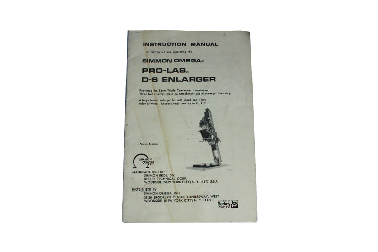 Simmon Omega Pro-lab D-6 Enlarger Instruction Manual
