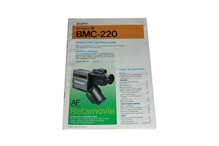 Sony Betamovie Bmc-220 Manual