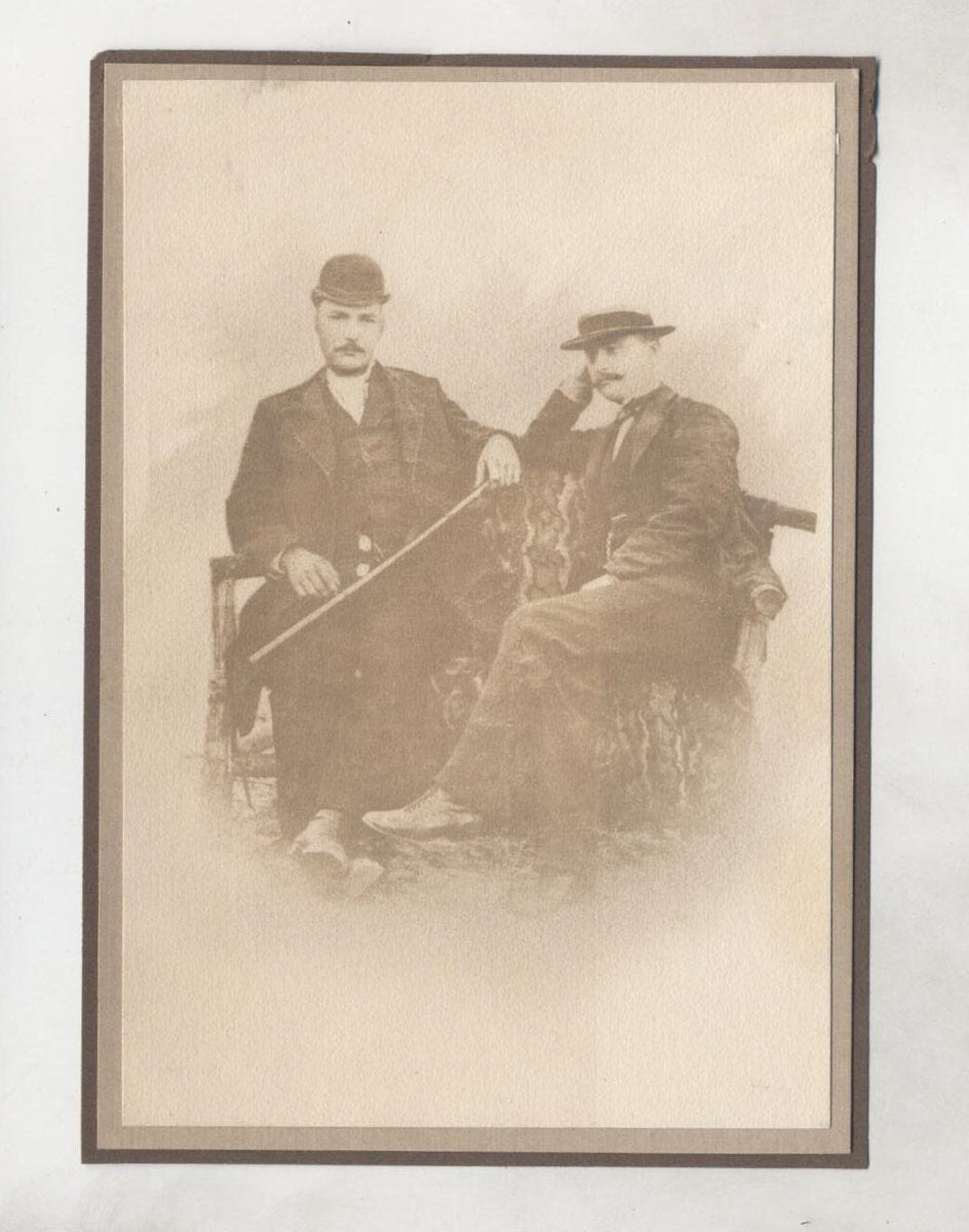 Antique Photograph of 2 Men with Mustaches and Hats//Gentlemen Posing on Branch Bench//Friends//Vintage Image