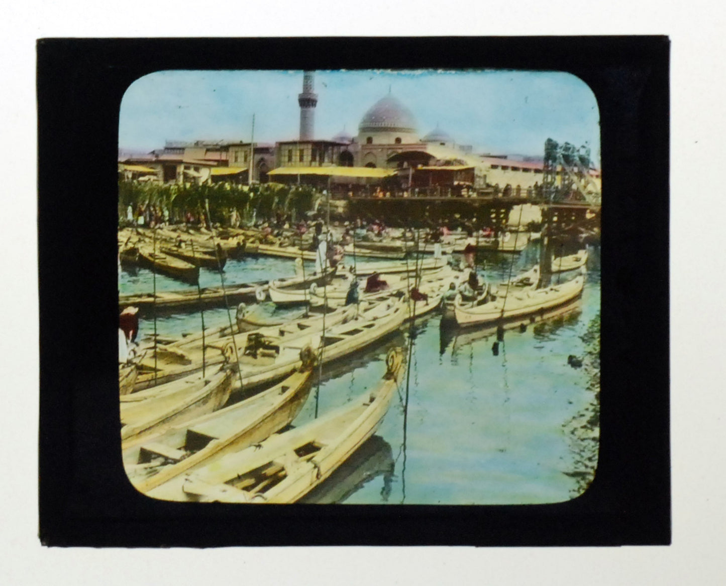 Iraq Canal Crowded with Boats Hand Tinted Antique Photo On Glass//DIY Art