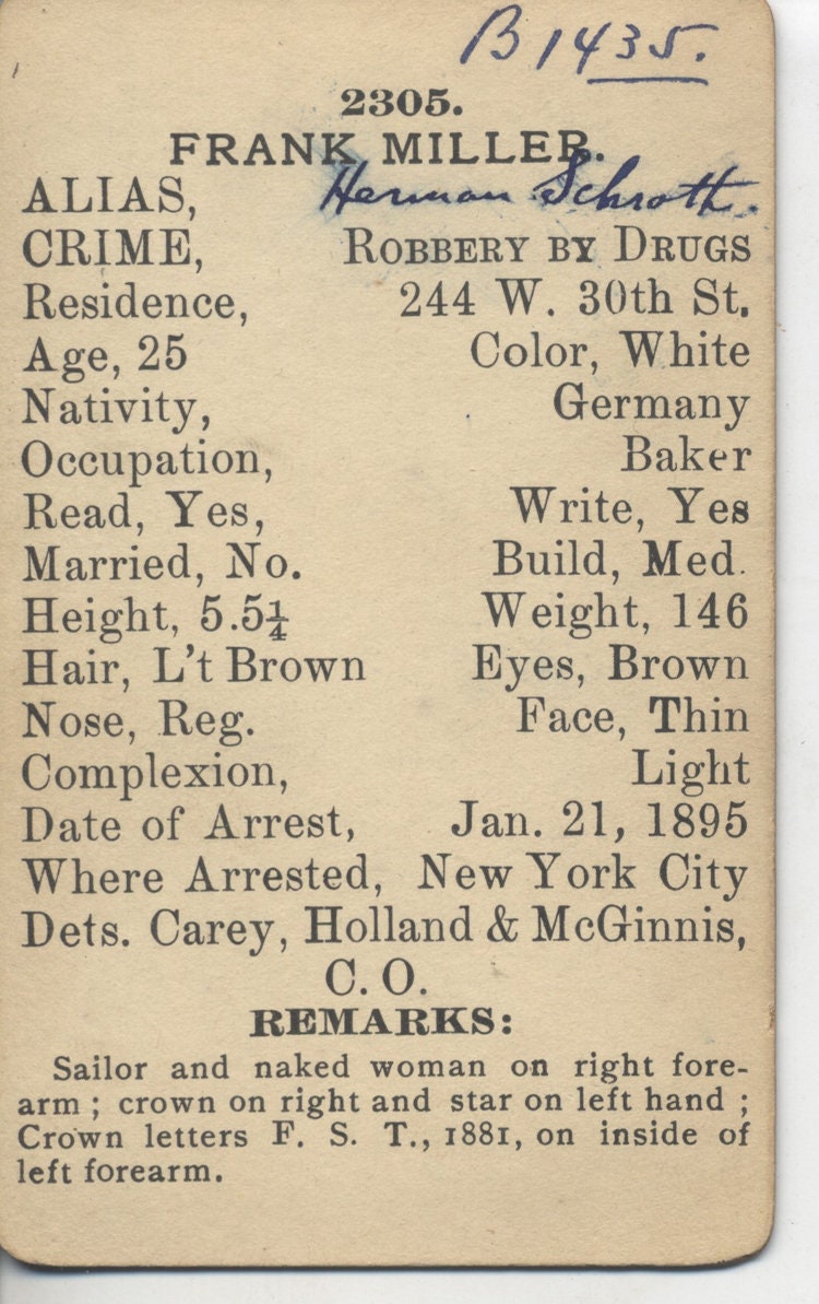 1895 Mugshot of Young Baker Arrested for Robbery by Drugs - NYC, NY