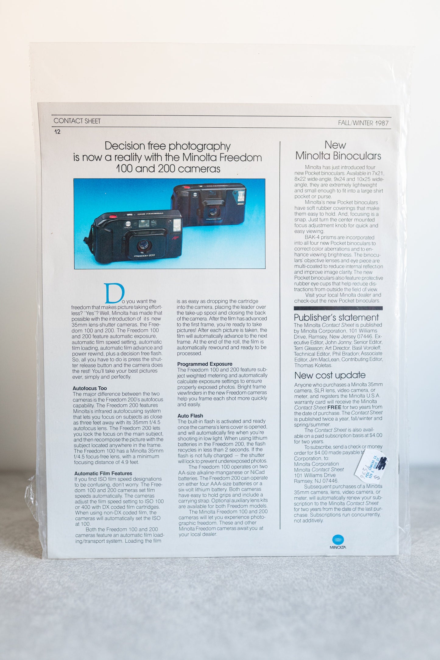 Minolta Contact Sheet Newsletter - Issue 35, Fall/Winter 1987