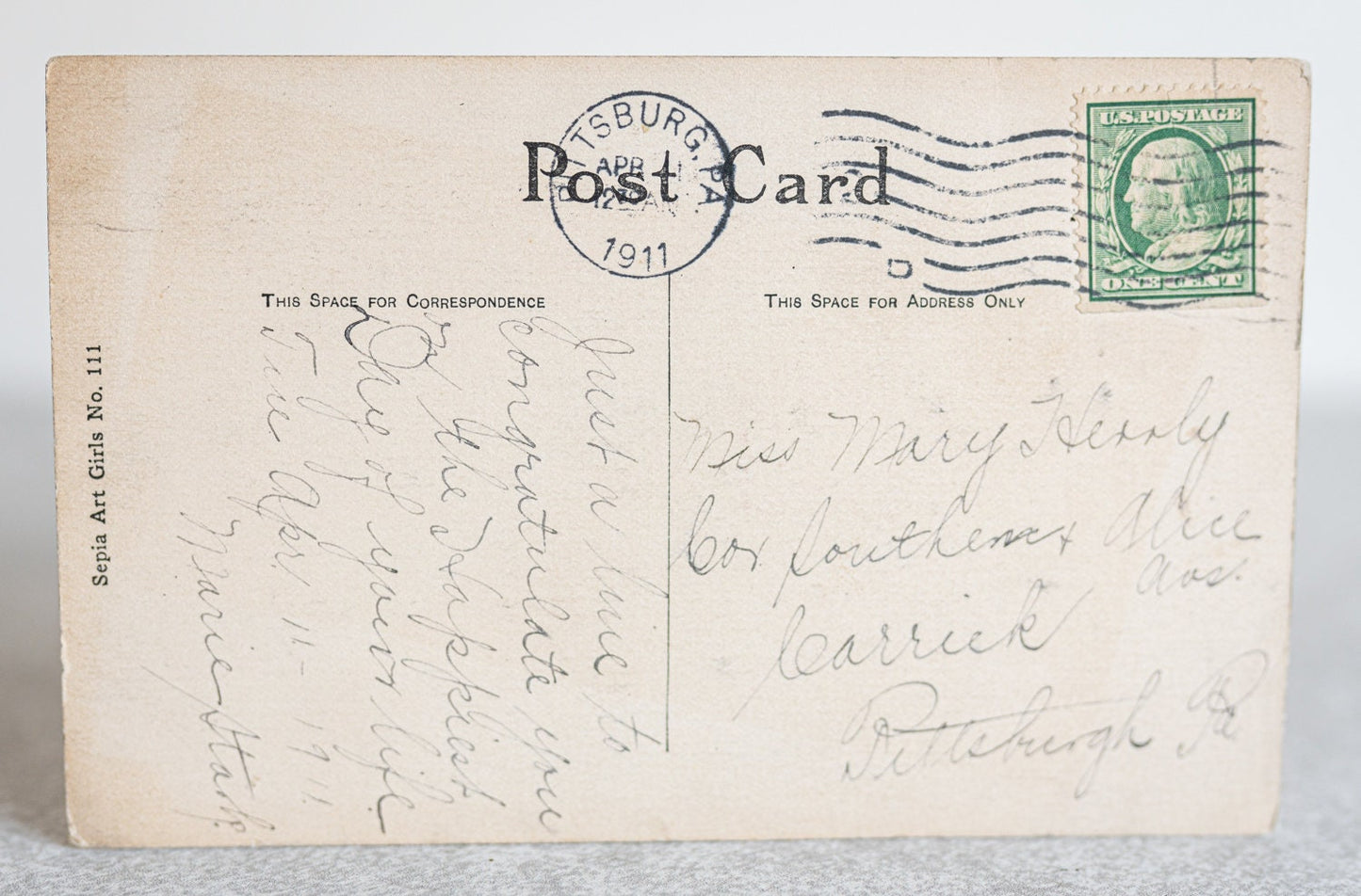 Sepia Art Girls No. 111 Lady in Flower Hat Postcard Posted 1911