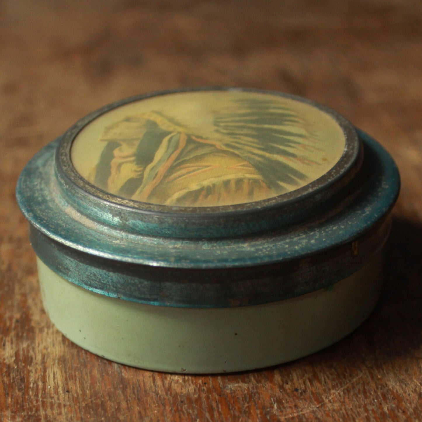 Vintage Sewing Kit in Tin with Native American image on lid