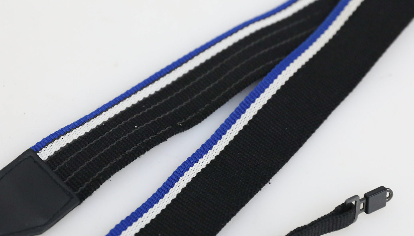 Vintage Camera Strap - Black with Blue and White Pin Stripes