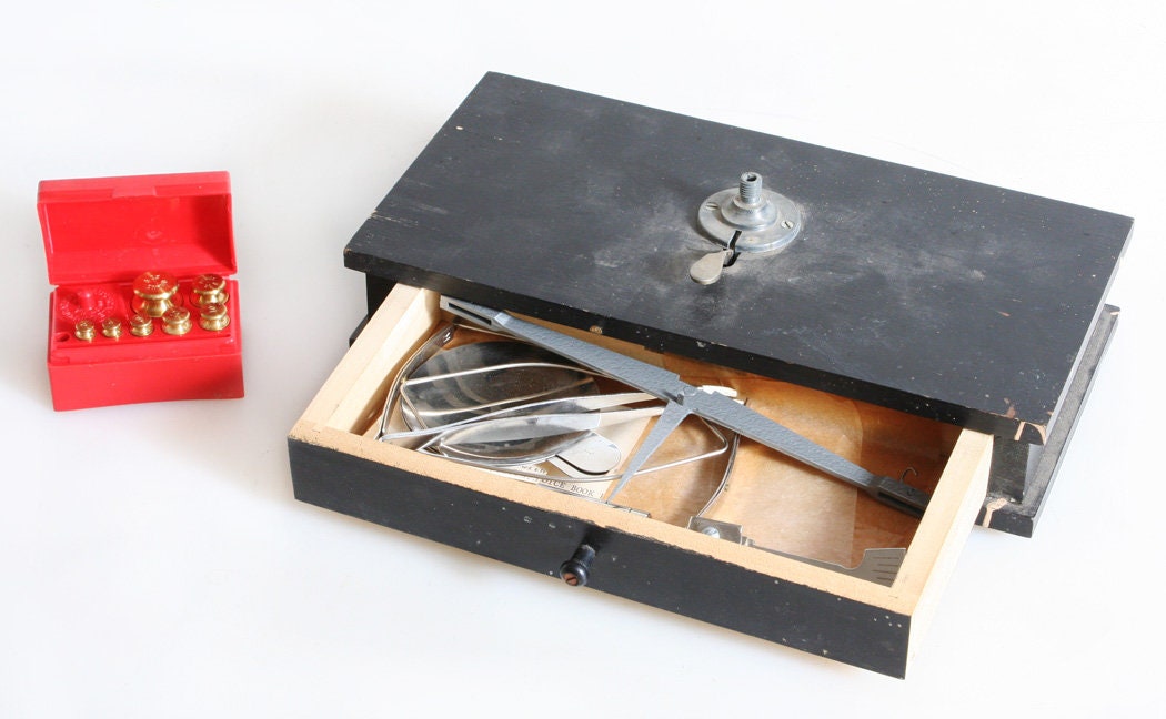 Vintage Counter Weight Scale with Wooden Base and Brass Weights