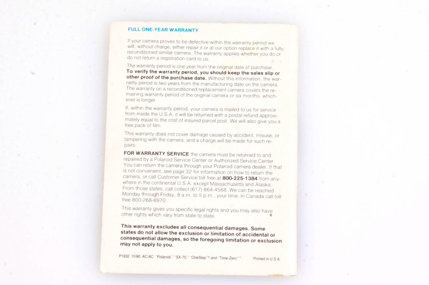 Polaroid OneStep Land Camera Manual