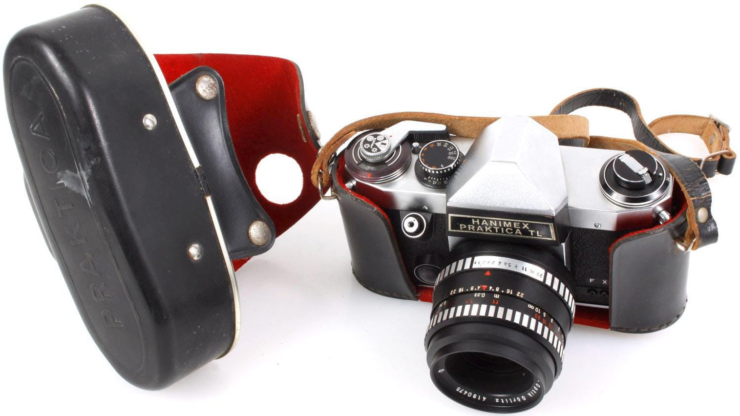 Vintage 35mm Film Praktica w/ 50mm f/1.8 Lens & Case TESTED