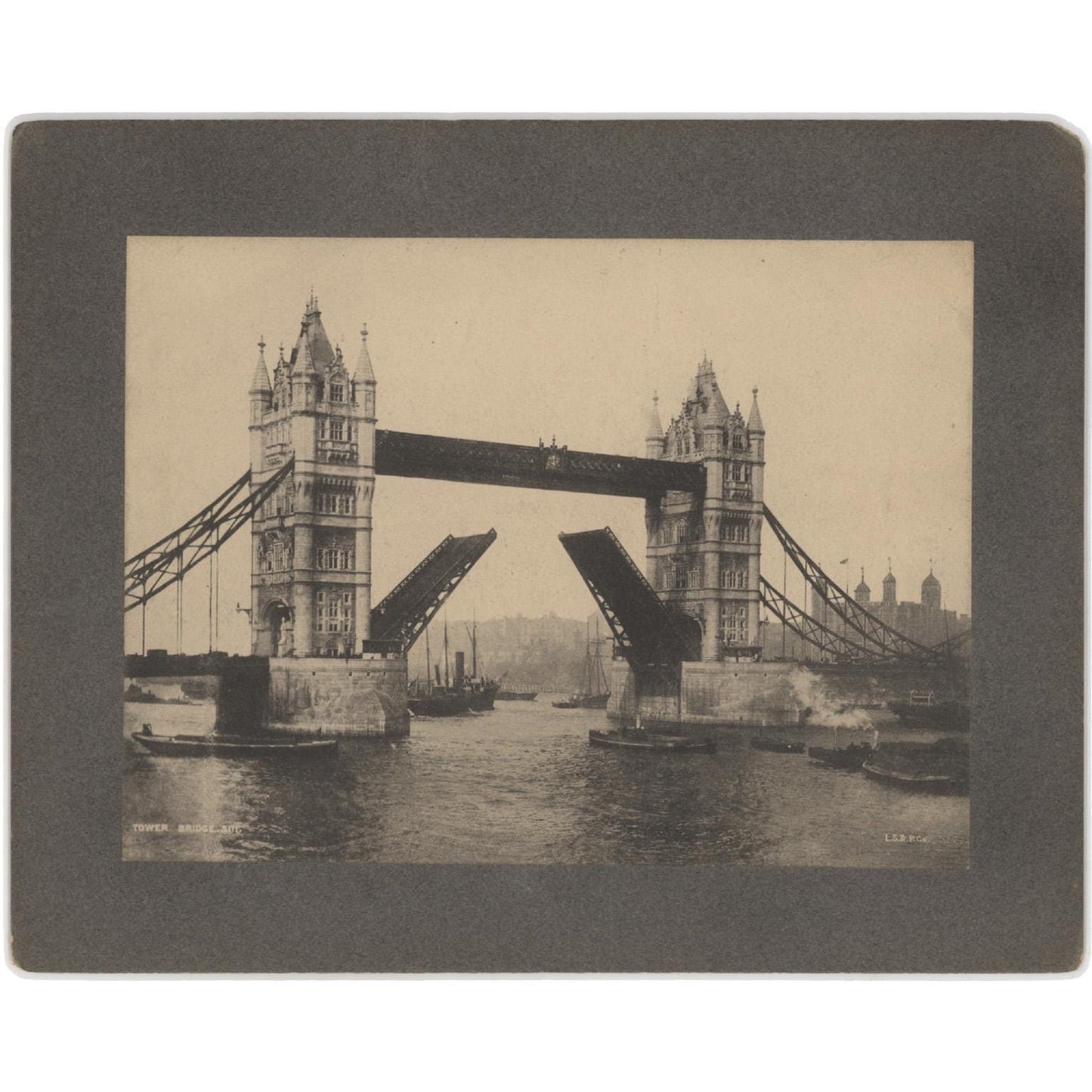 Rare Antique Original 1887 Tower Bridge London Photograph - Pre-Opening View, Drawbridge Raised, River Thames Scene, Mounted Albumen