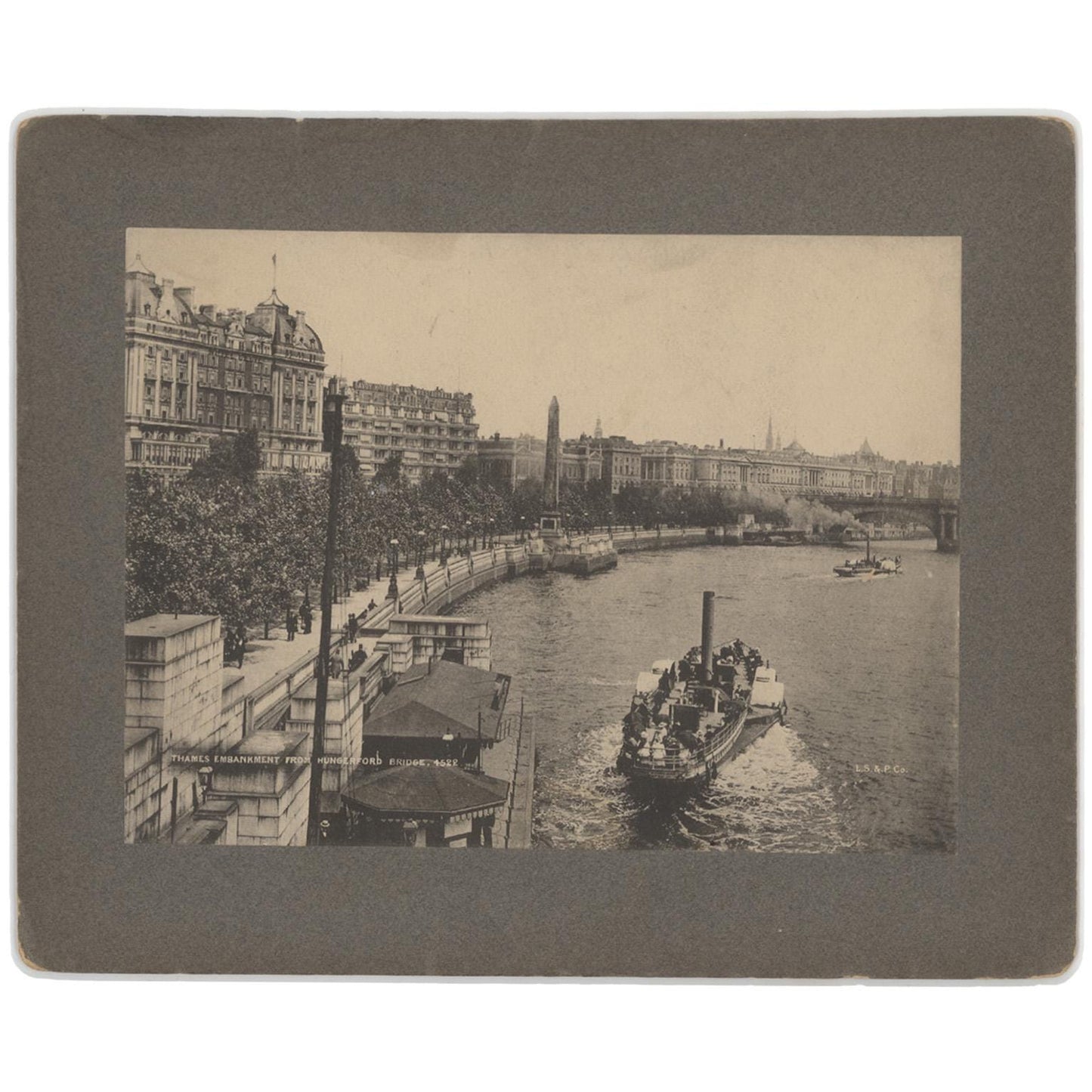 Antique 1887 London River Thames Embankment Original Photograph - Steamboat Scene Hungerford Bridge Historic Architecture, Mounted Photo